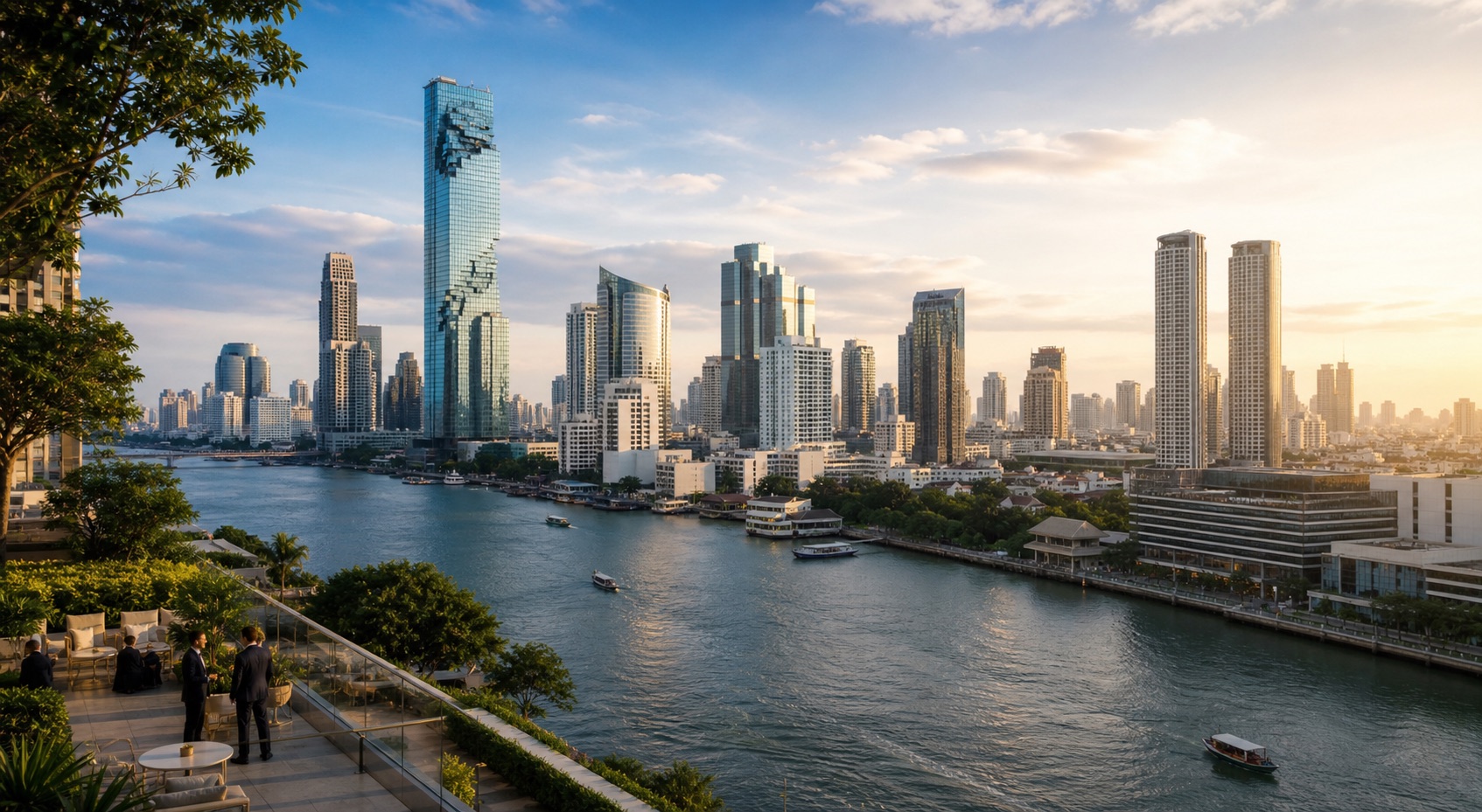 Bangkok business skyline and Chao Phraya River at golden hour